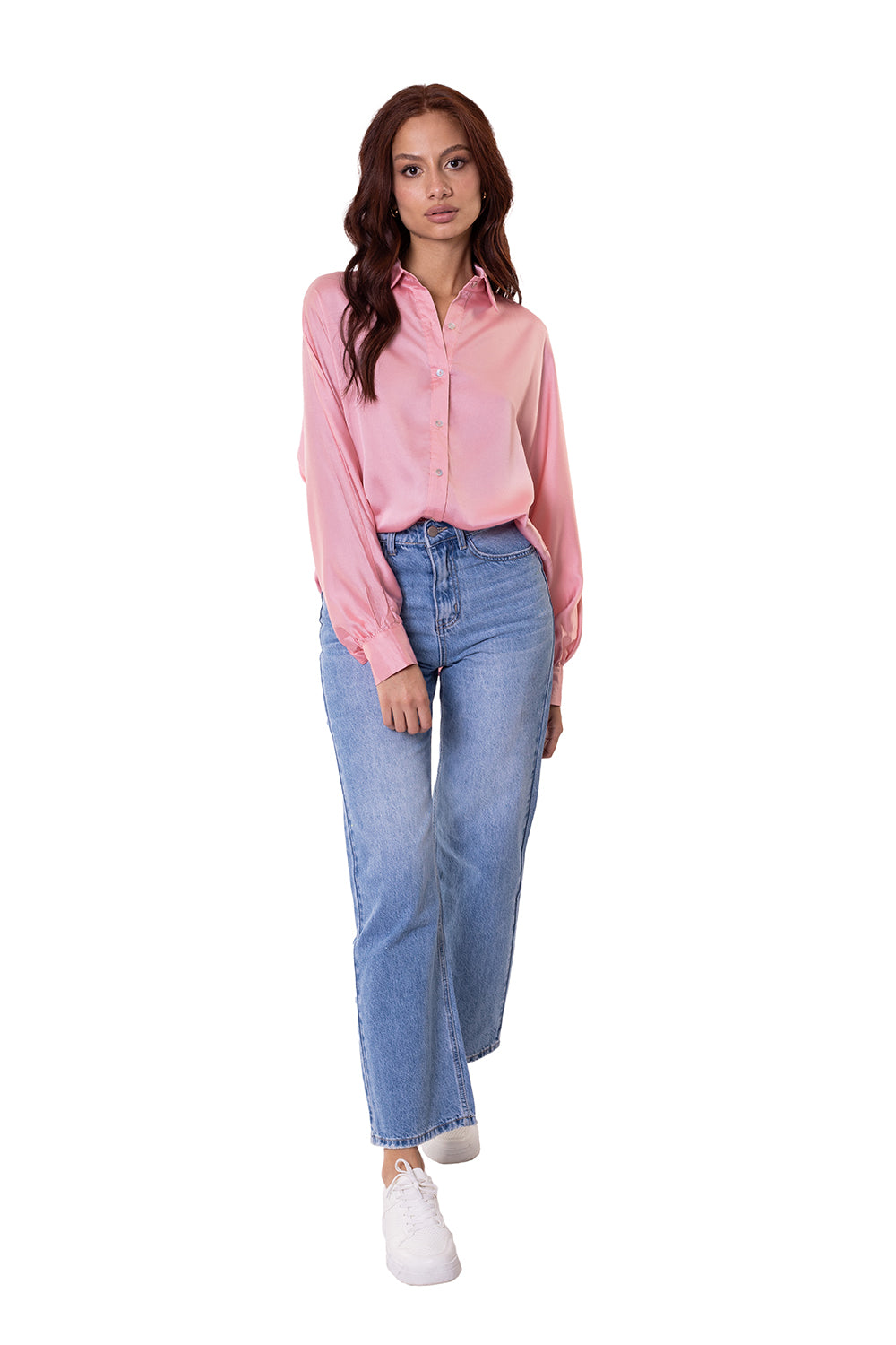 Camisa en satín rosa