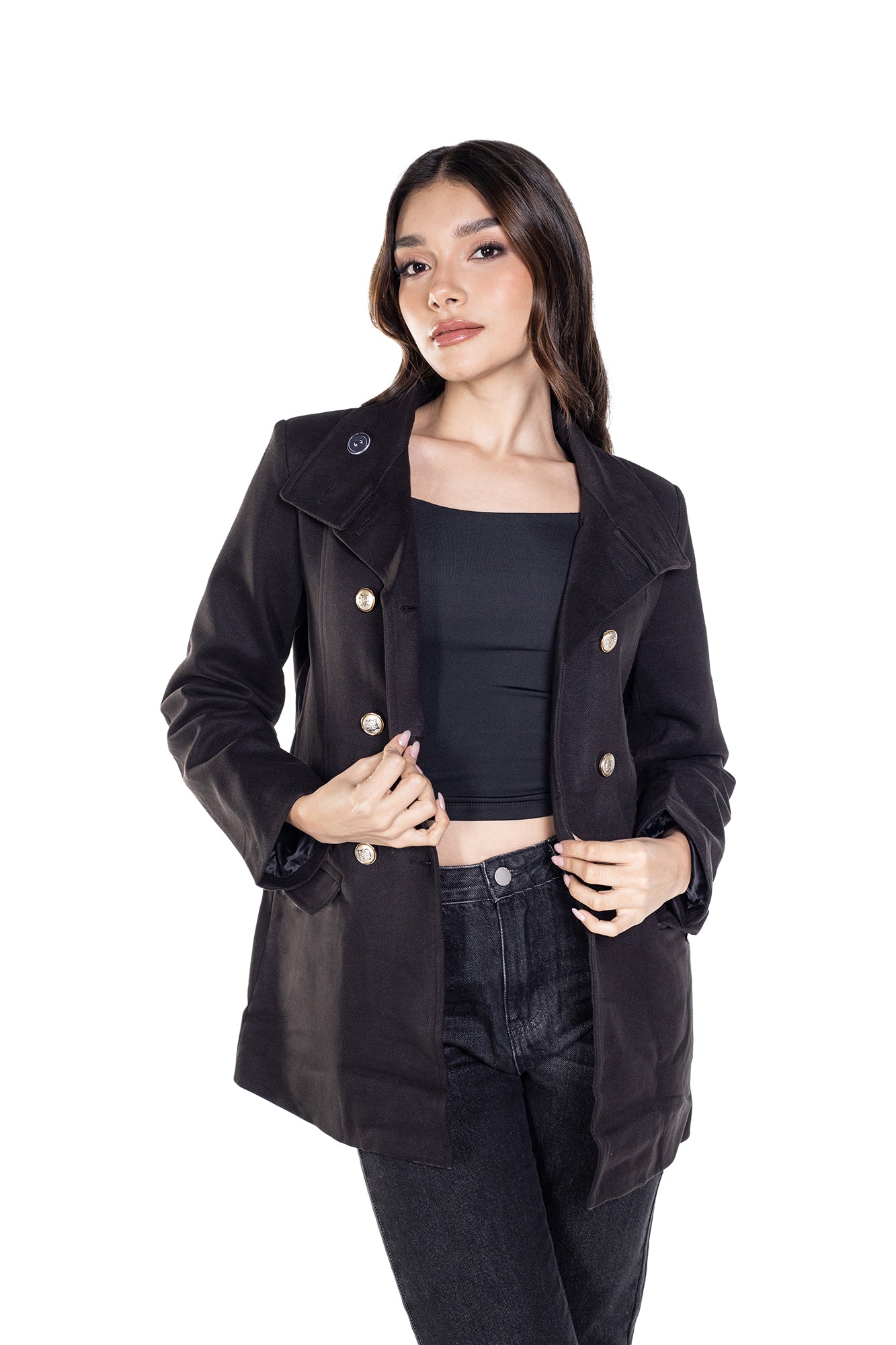 Abrigo Cuello Militar Negro Para Mujer