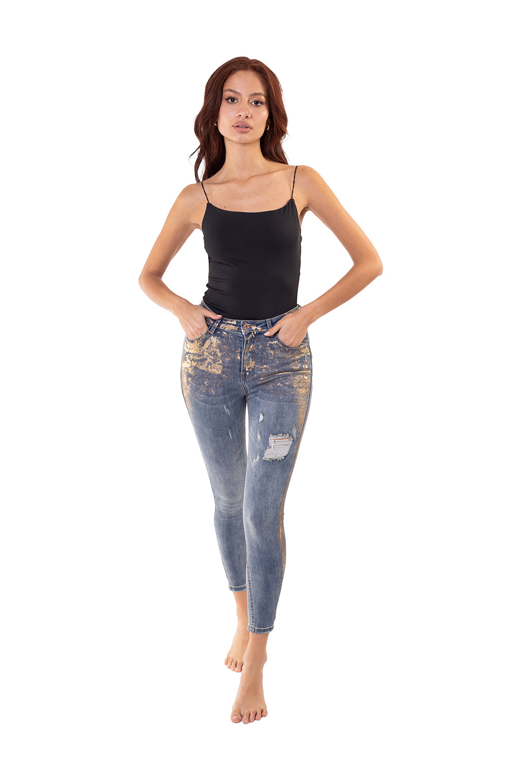 Jean High Waist efecto gold