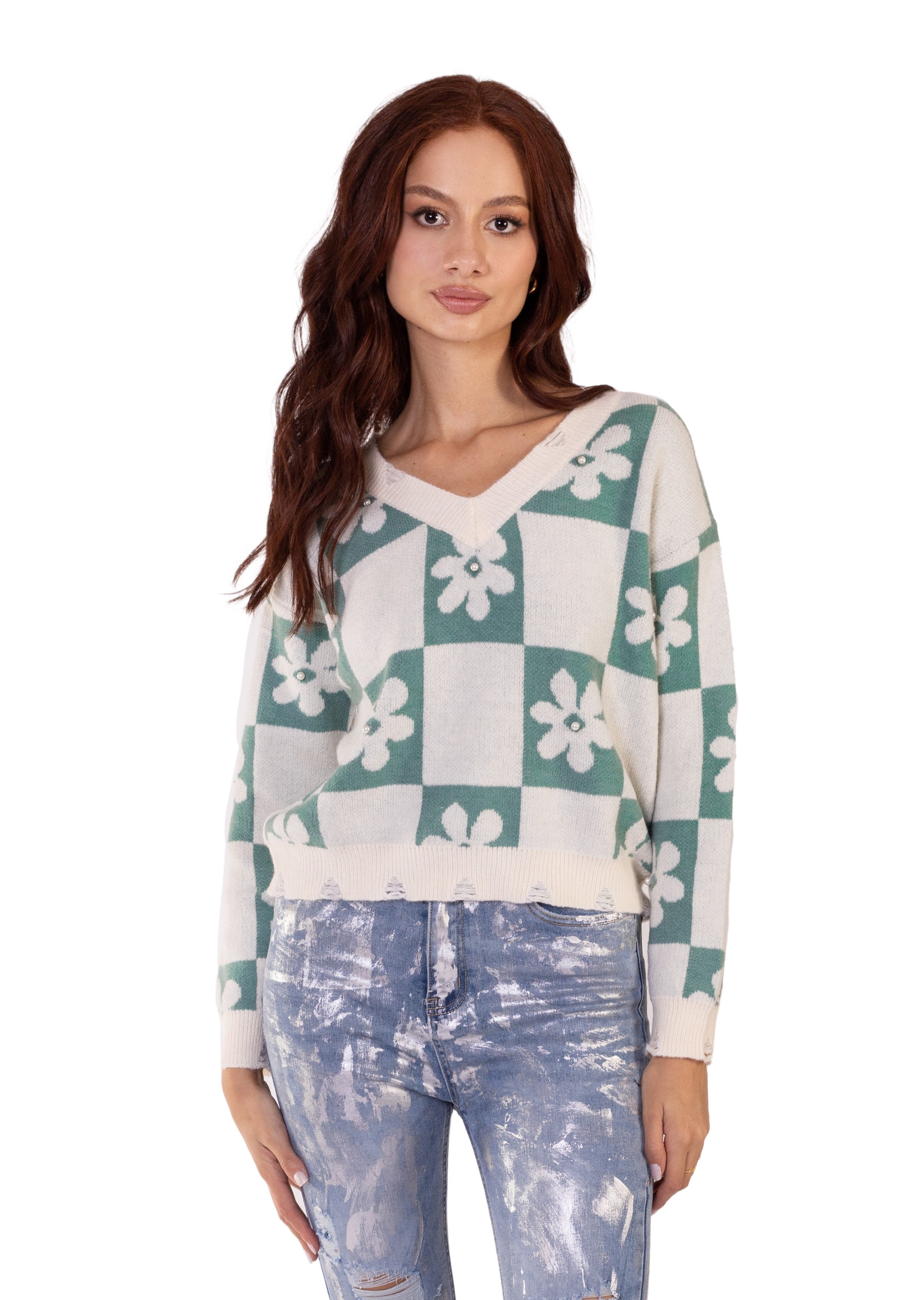 Sweater cuello pico flores