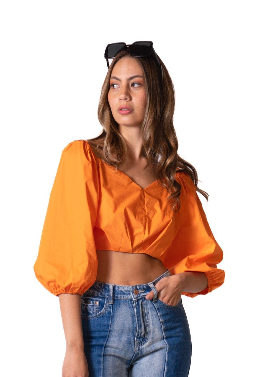 Blusa Cropped Manga Globo Para Mujer