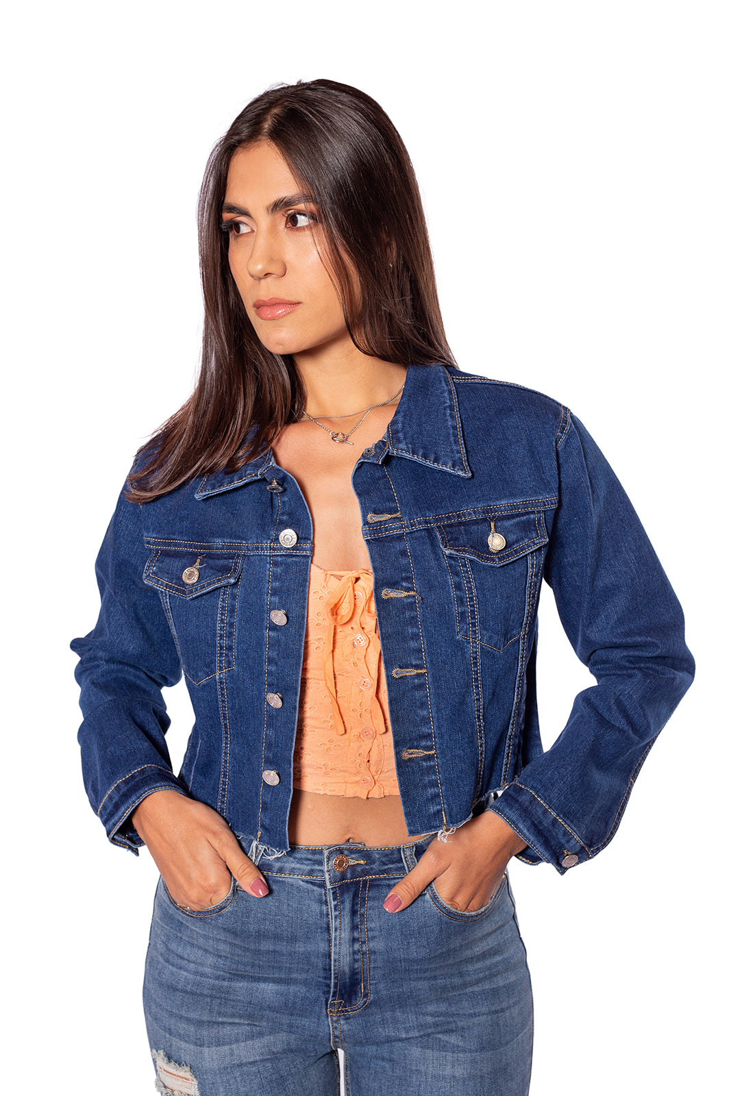 Chaqueta Denim Cropped Para Mujer